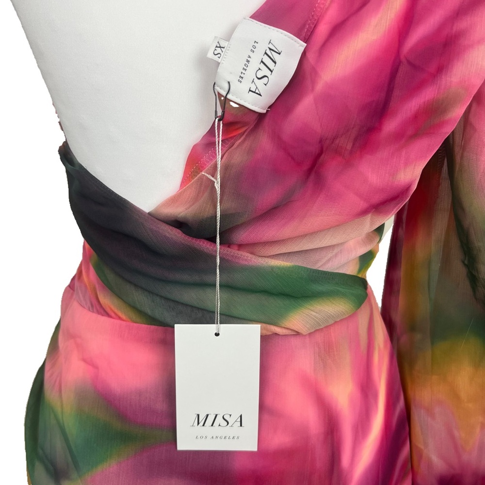 NWT MISA Los Angeles Blurred Hibiscus One Shoulder Maxi Dress XS Silk Chiffon - Picture 4 of 4